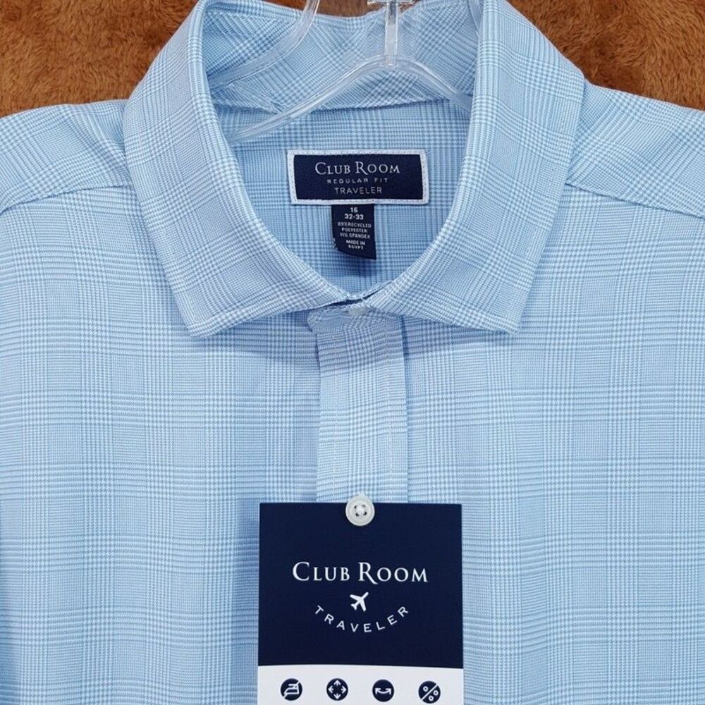 CLUB ROOM Dress Shirt Mens 16 32 33 Blue Check Performance Stretch Traveler
